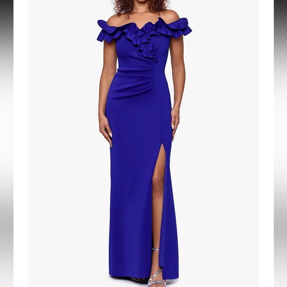 DILLARDS Stretch Ruffle Off-the-Shoulder Ruched Back Gown - Picture 2 of 4